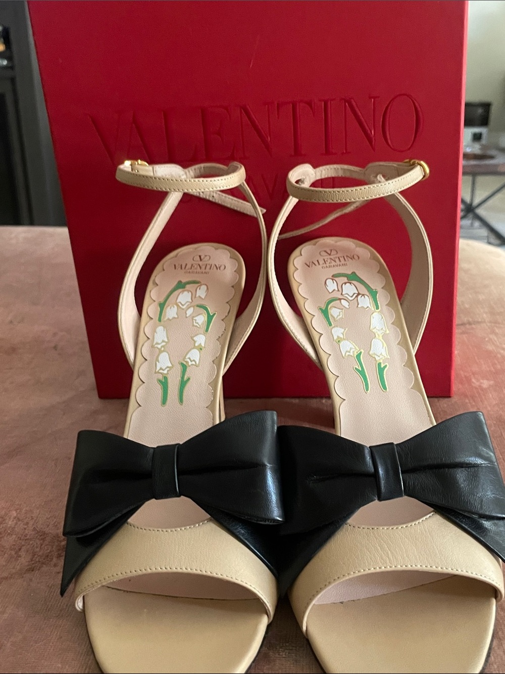 Valentino Garavani Cream and Black Bow Ankle-Strap Heels